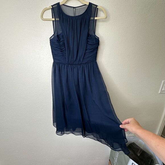 Hitherto Daylily Navy Sheer Shoulder Sleeveless Dress Ruched Side & Back Waist 0 - Picture 8 of 16